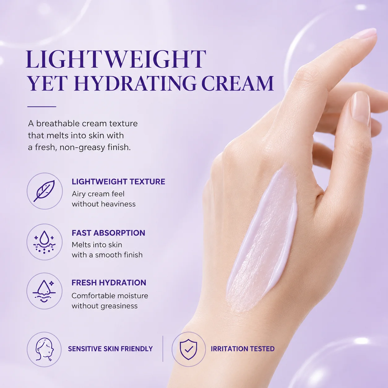 Hand with a swatch of lightweight hydrating cream on light purple background, including benefits like fast absorption and hydration.